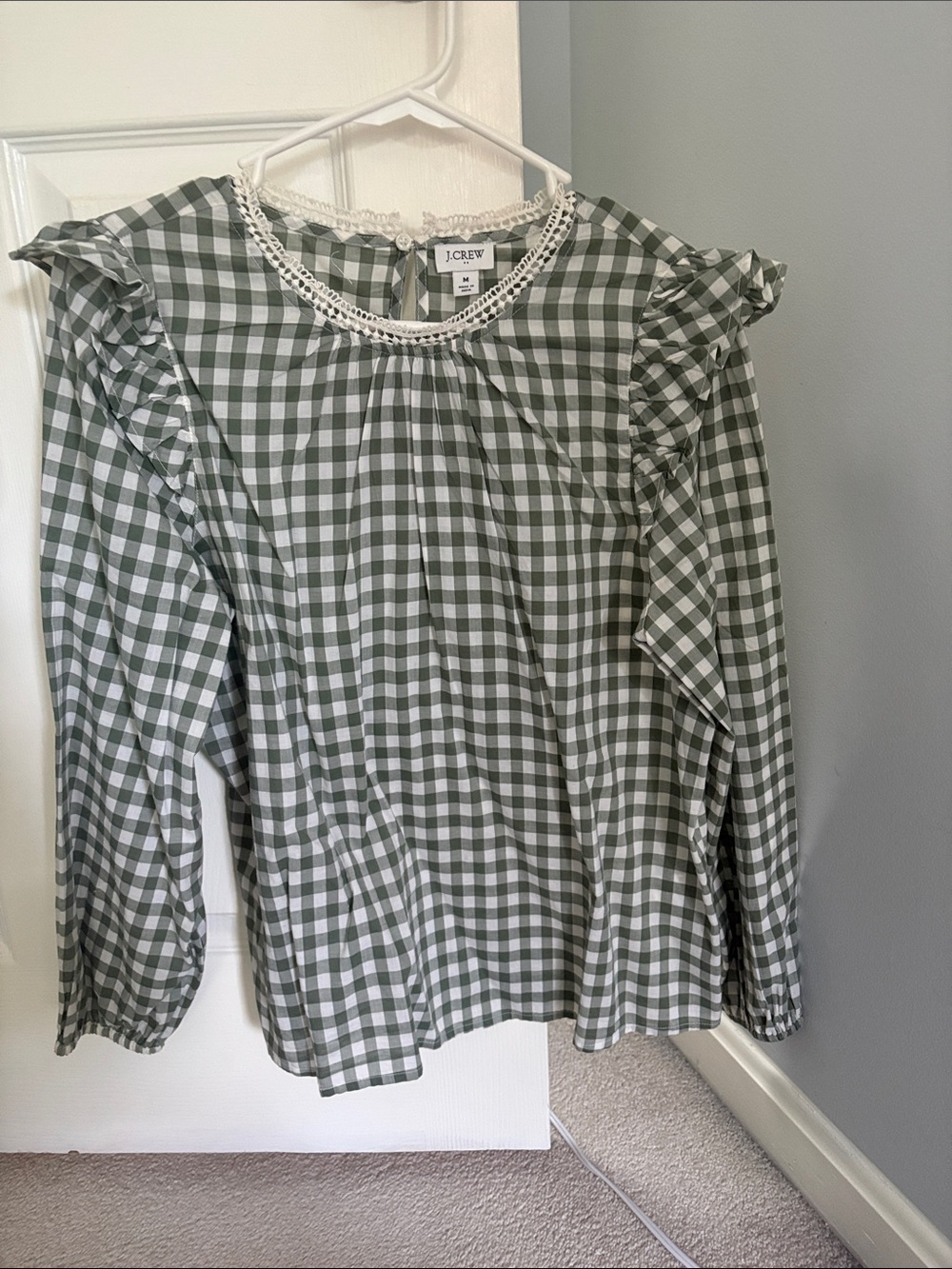J. Crew Olive Green and White Gingham Ruffle Top